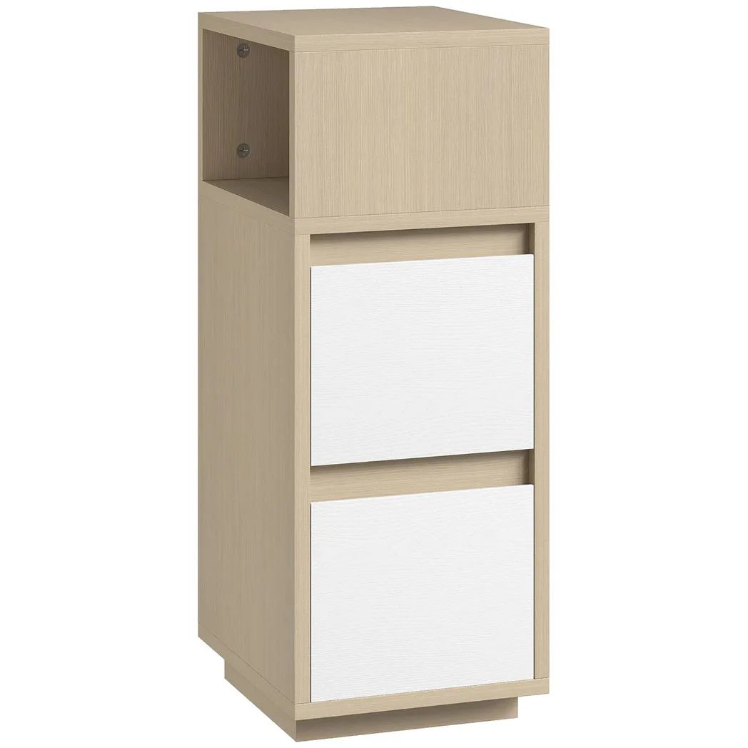 HOMCOM Slim Bedside Table, Narrow Bedside Cabinet with Open Shelf and 2 Drawers for Bedroom, Living Room, Natural Wood Finish