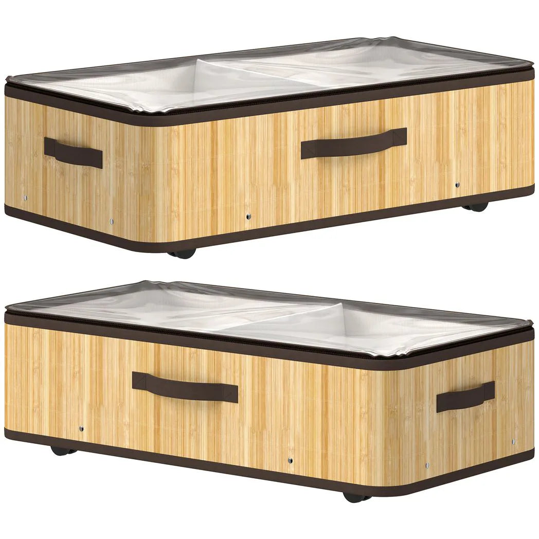 HOMCOM 60L Under Bed Storage with Wheels Pack of 2, Underbed Storage Box with Clear Lid Cover and Reinforced Handle, Natural