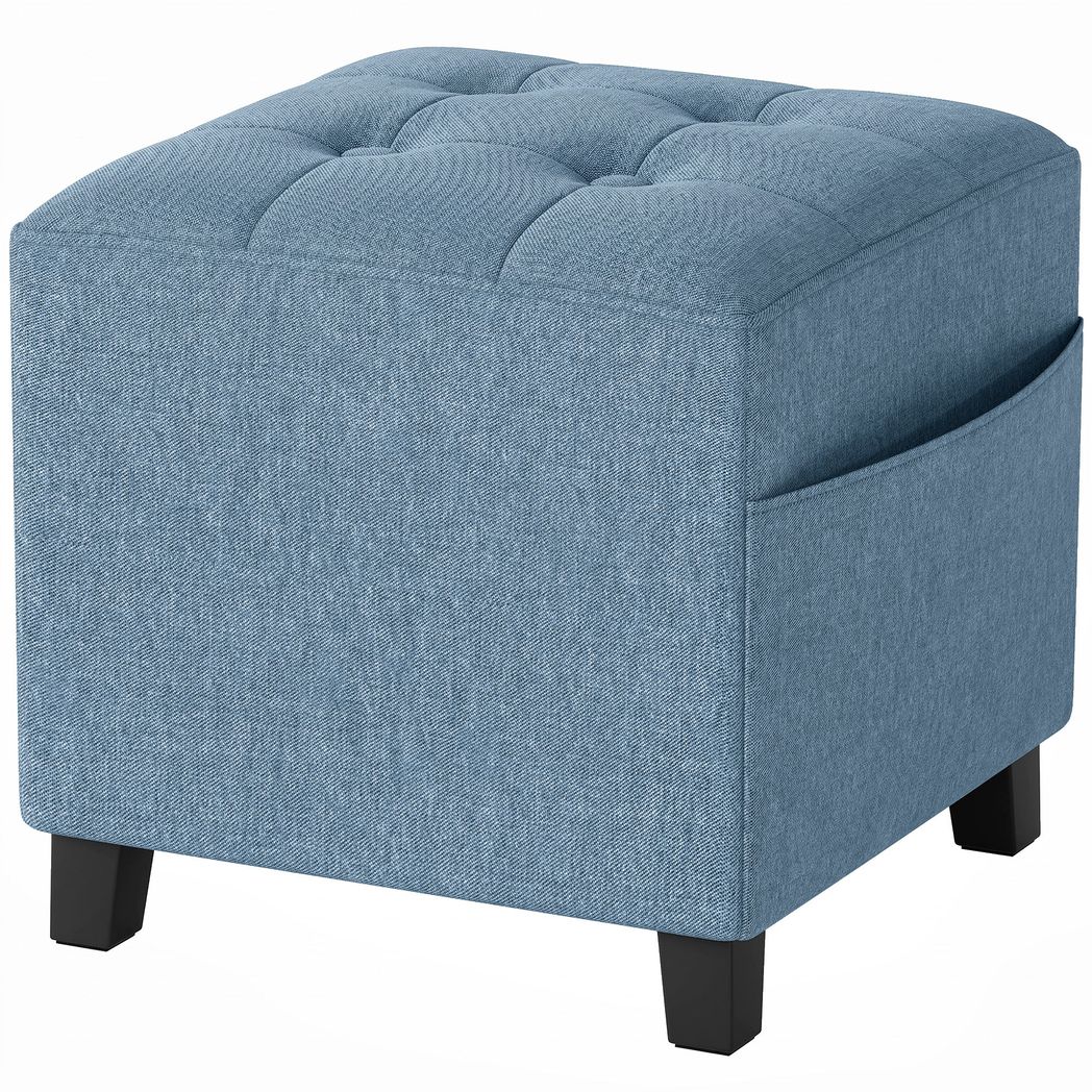 HOMCOM Small Ottoman, Square Footstool with Side Pocket, Rubber Wood Legs and Padded Seat for Living Room, Dark Blue