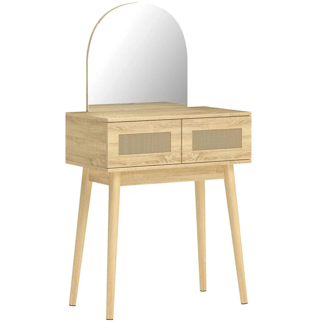 HOMCOM Dressing Table, Compact Vanity Desk with Mirror and 2 Drawers, Natural Wood Finish