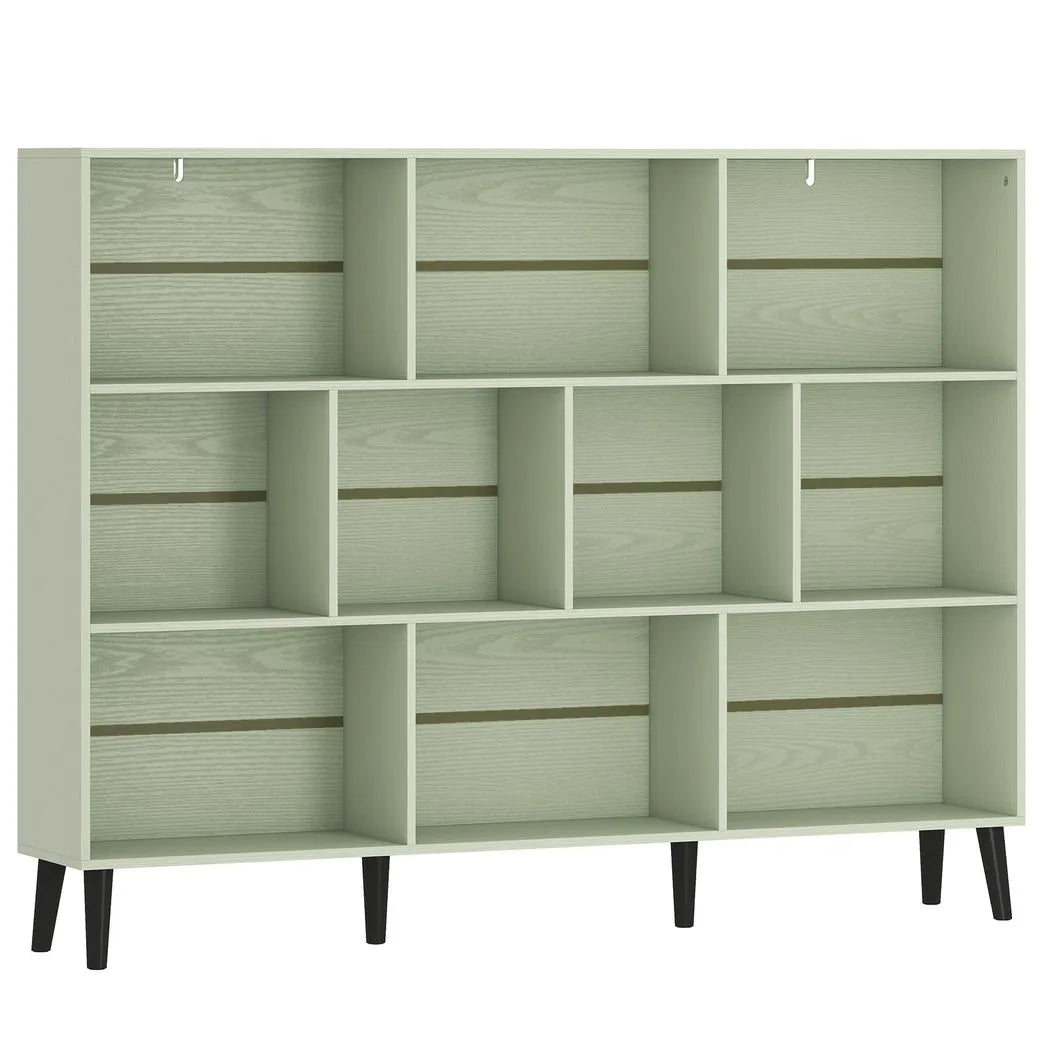 HOMCOM 10-Cube Bookcase, 3-Tier Book Shelf with Solid Wood Legs, 140 cm Modern Bookshelf with Anti-Tip Kit, Light Green