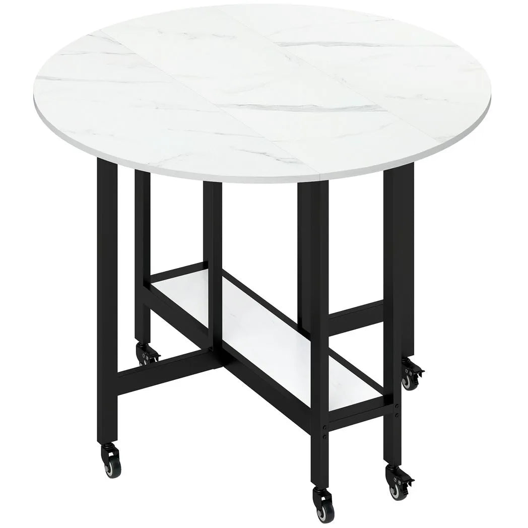 HOMCOM Folding Dining Table, Drop Leaf Table with Open Shelf, Rolling Kitchen Table for Dining Room, Small Spaces, White Marble