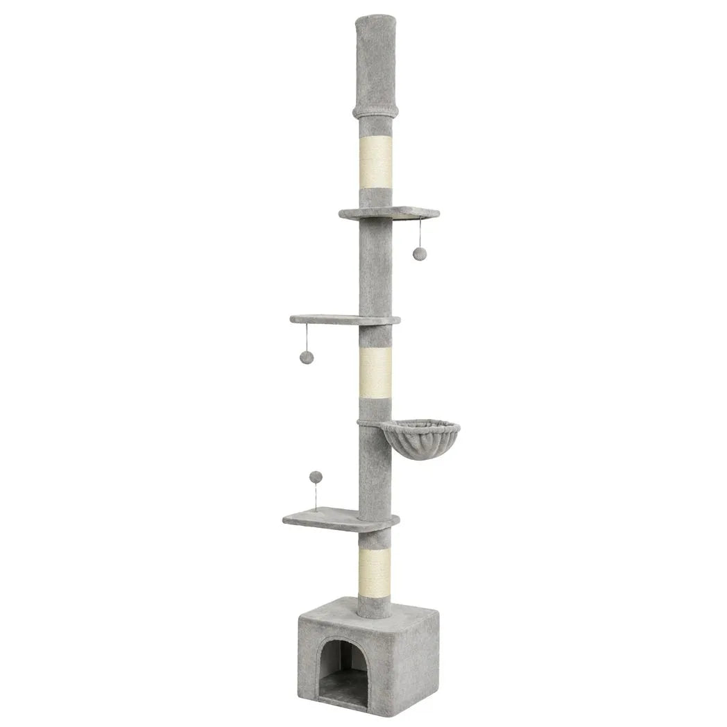 PawHut Floor to Ceiling Cat Tree, 230-250cm Multi-Level Cat Tower with Adjustable Height, Scratching Posts, Condo, Platforms