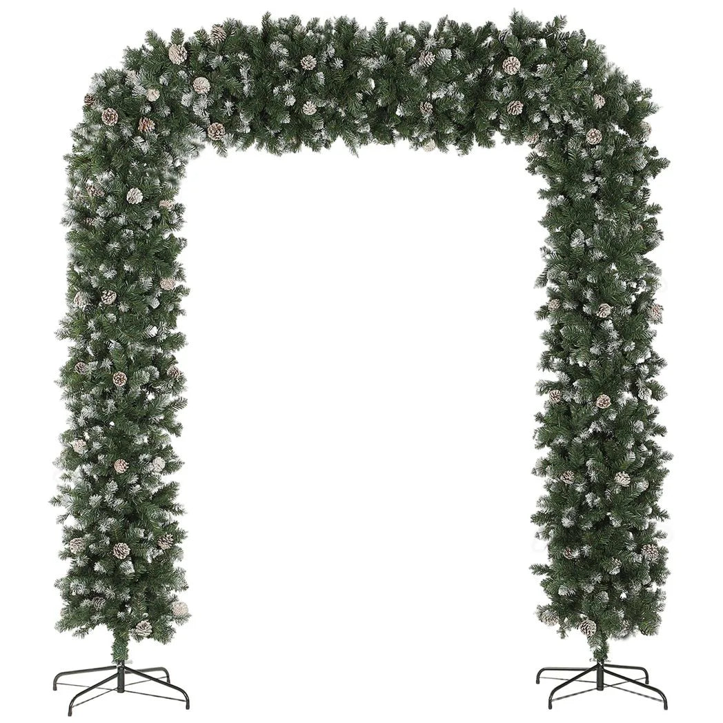 HOMCOM 8.2 ft Snow Frosted Christmas Tree Arch, Christmas Arch Doorway Decor with 2100 Tips and 96 Pinecones, Artificial Xmas Tree with Metal Stand for Indoor, Green
