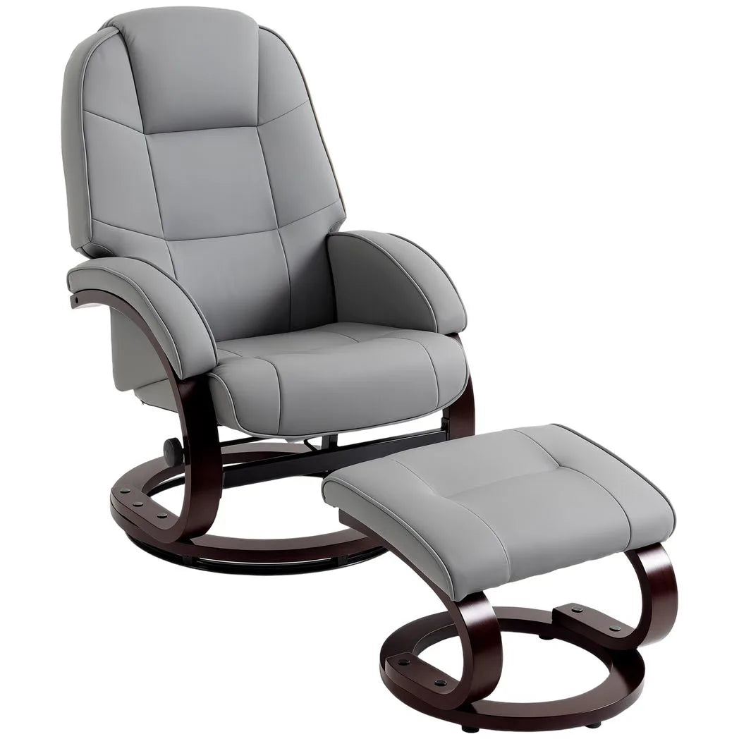 HOMCOM Swivel Recliner Chair with Footstool, PU Leather Recliner Armchair with Adjustable Back and Wood Frame, Grey