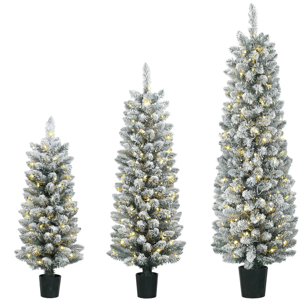 HOMCOM Prelit Snowy Flocked Artificial Christmas Tree Set of 3, Slim Xmas Tree with PVC Tips, 3FT??