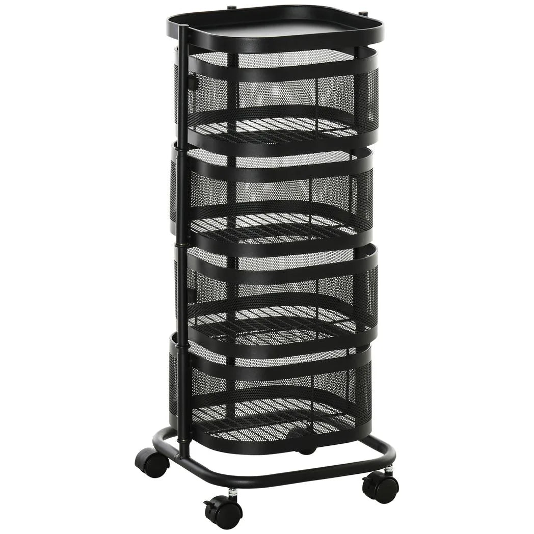 HOMCOM Metal Storage Cart, 4-Tier Storage Trolley on Wheels with 4 Mesh Baskets and Top Tray, Black
