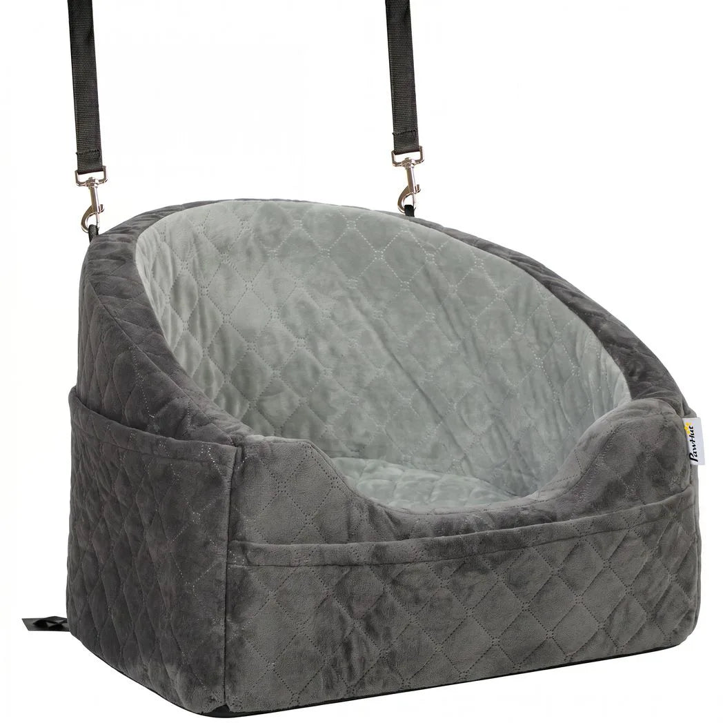 PawHut Dog Car Seat, Detachable Washable Dog Booster Seat with Thick Cushion, Seat Belt, Pockets for Small Under 10kg, Grey