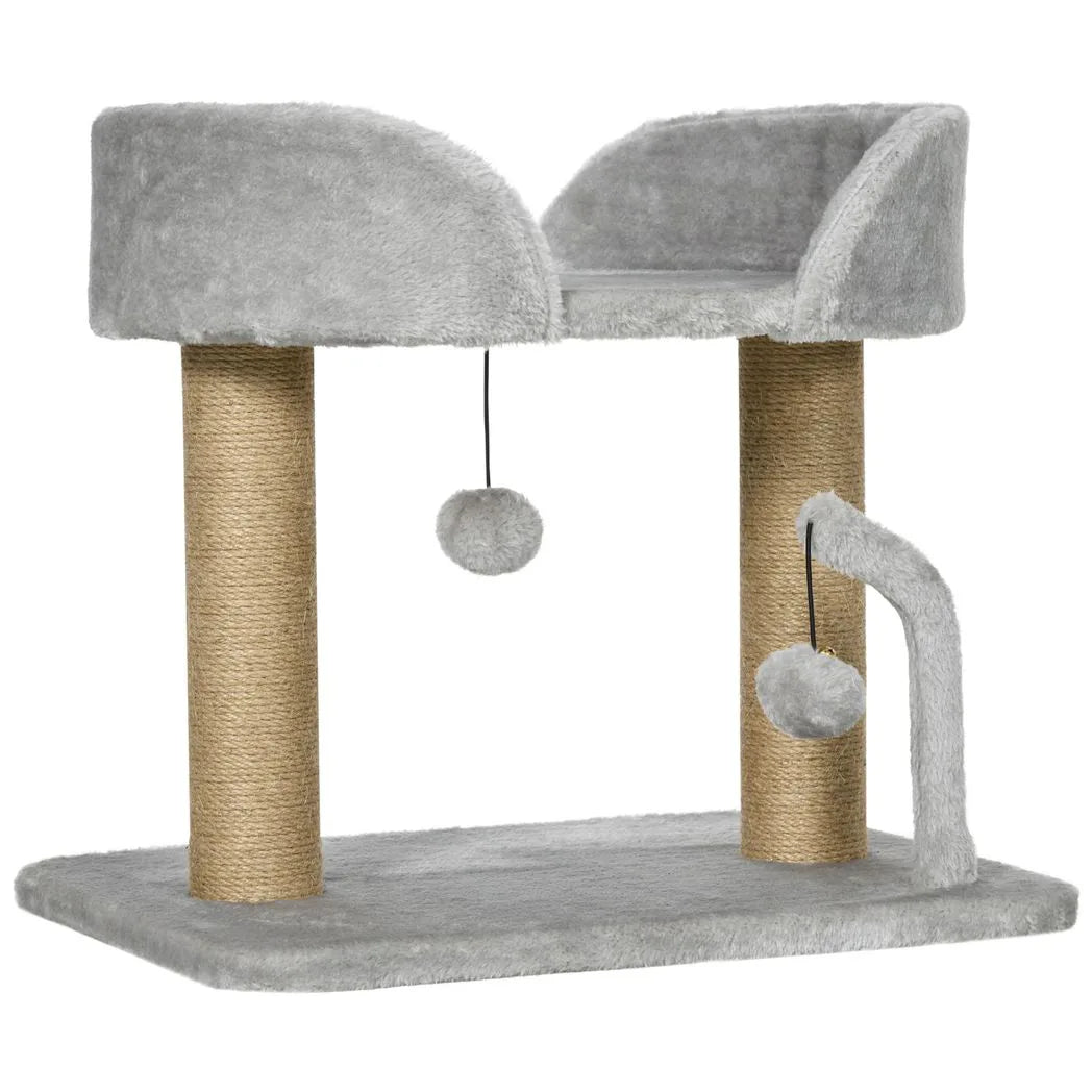 PawHut 42cm Indoor Cat Tree, with Toy Balls, Jute Scratching Post - Light Grey