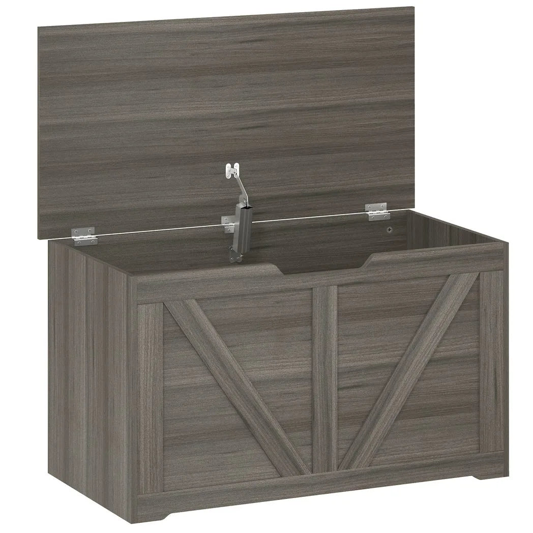 HOMCOM 100L Home Storage Box, with Safety Hinge - Dark Grey Wood-Effect