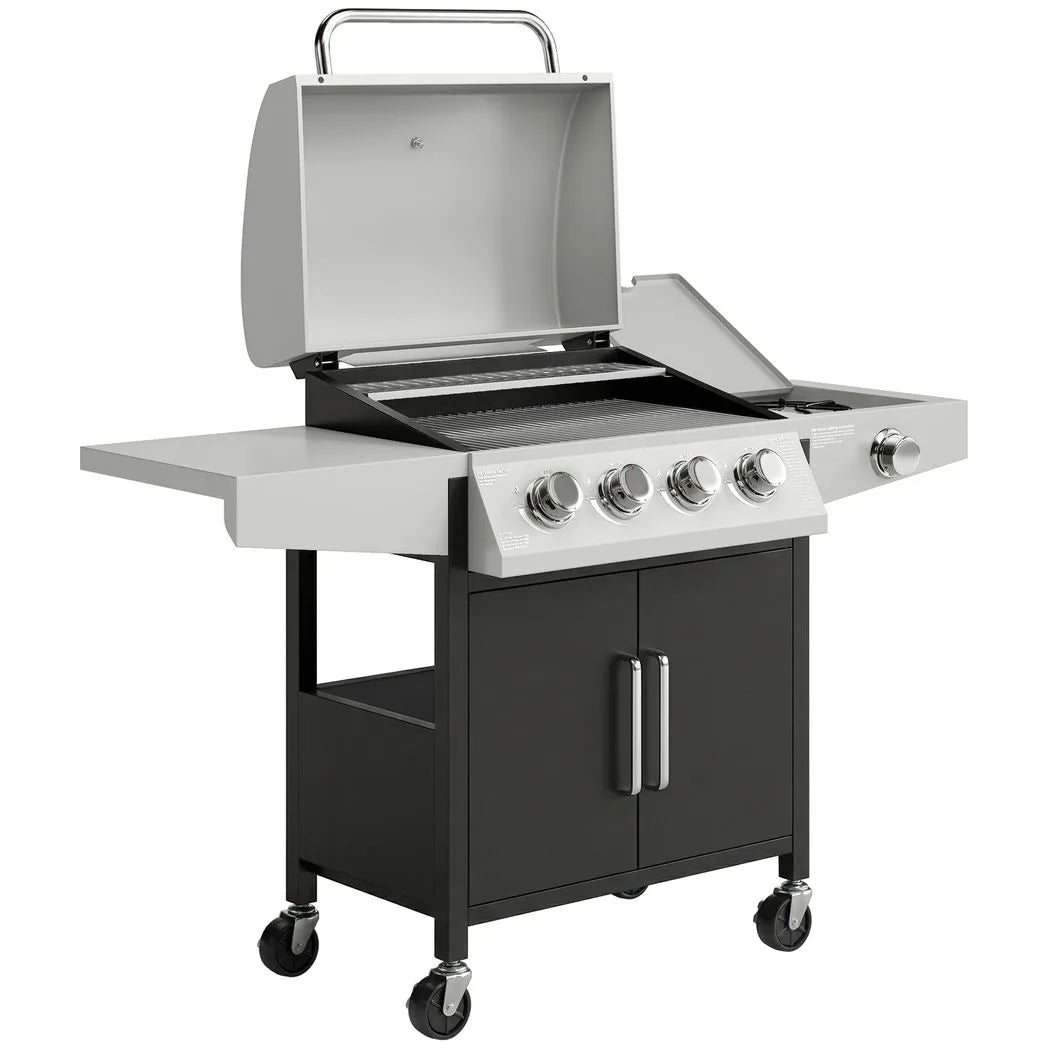 Outsunny 4 Burner Gas BBQ Grill with Side Burner, 14.5 kW Steel Portable Gas Barbecue Grill with Built-in Thermometer, Lid