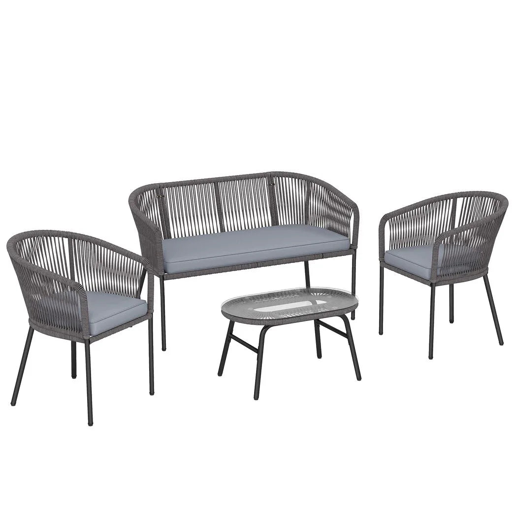 Outsunny 4 Piece Garden Furniture Set, Rope Garden Sofa Set with 1 Loveseat 2 Chairs Tempered Glass Table Cushions, Dark Grey