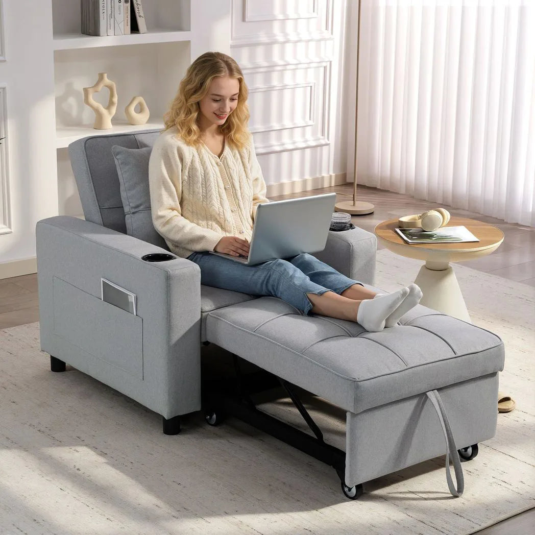 HOMCOM 3-in-1 Single Sofa Bed, Convertible Sleeper Chair Bed - Light Grey