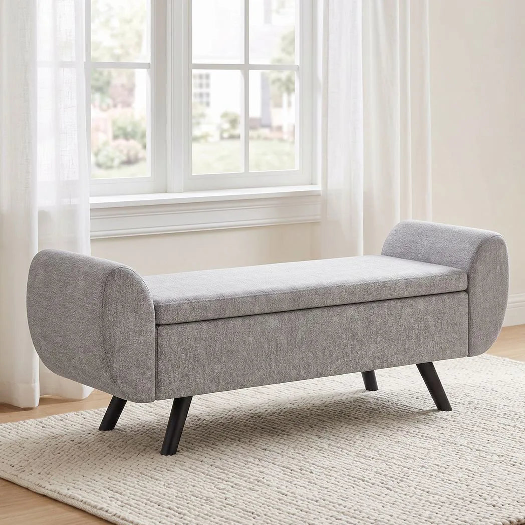 HOMCOM Storage Ottoman with Armrest, Window Seat, Upholstered Linen Storage Bench with Rubberwood Legs, Footstool for Bedroom Living Room, Hallway, Dark Grey