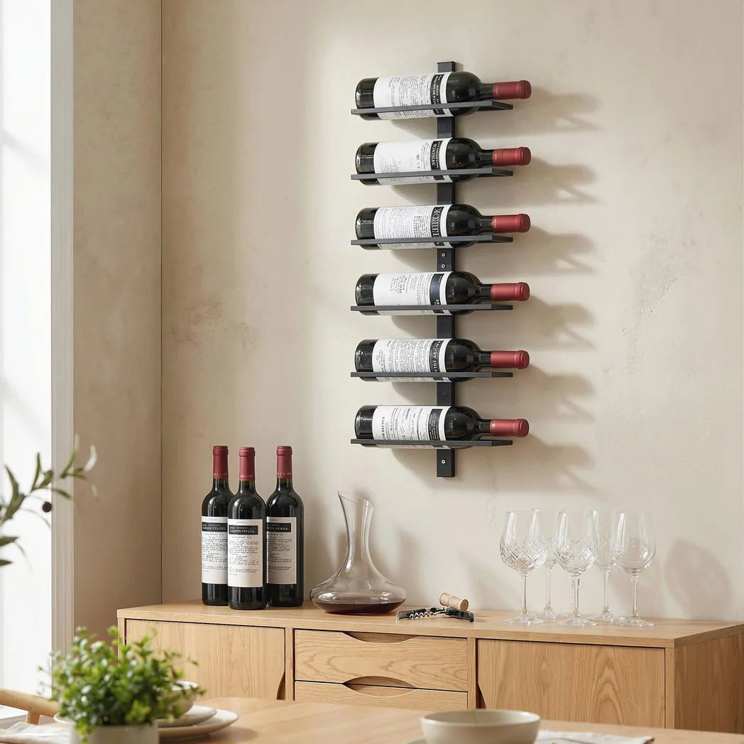 HOMCOM Wall Mounted Wine Rack, 6 Tier Metal Wine Display Rack, Storage Holder for Kitchen, Black