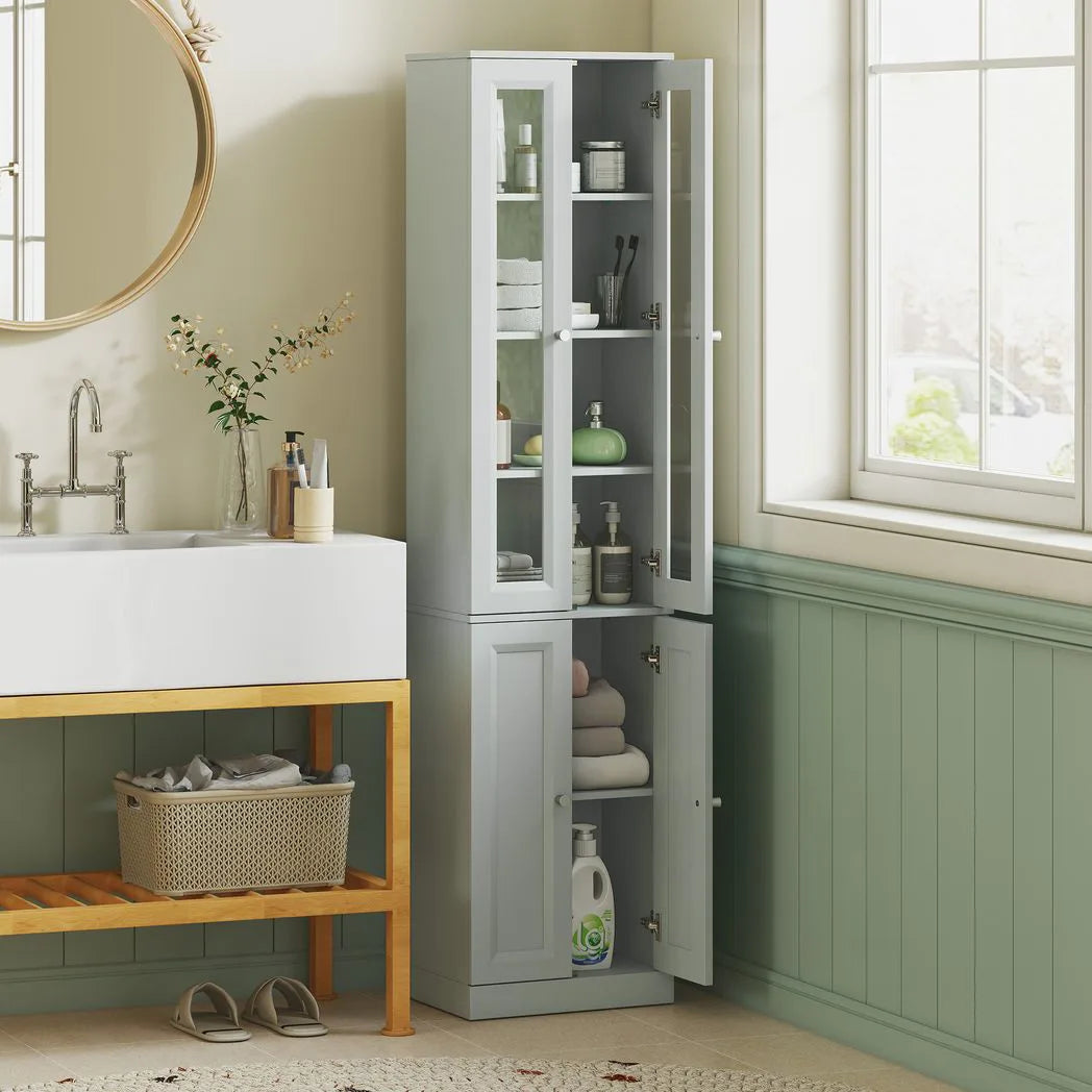 HOMCOM Tall Bathroom Storage Cabinet, 6-Tier Slim Bathroom Cabinet with Adjustable Shelf, 4 Soft-Close Doors, Dusty Blue