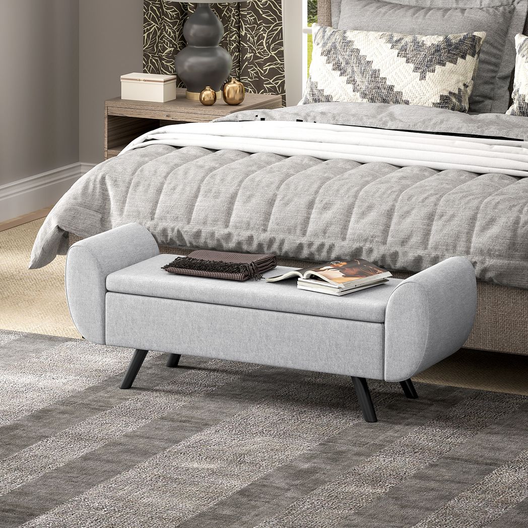 HOMCOM Storage Ottoman with Armrest, Window Seat, Upholstered Linen Storage Bench with Rubberwood Legs, Footstool for Bedroom Living Room, Hallway, Light Grey