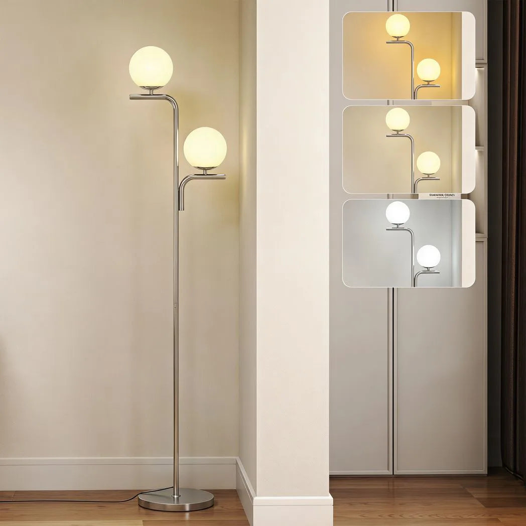 HOMCOM LED Floor Lamp, Modern Standing Lamp with 3 Colour Temperatures, Globe Glass Shades and Foot Switch, Silver Tone