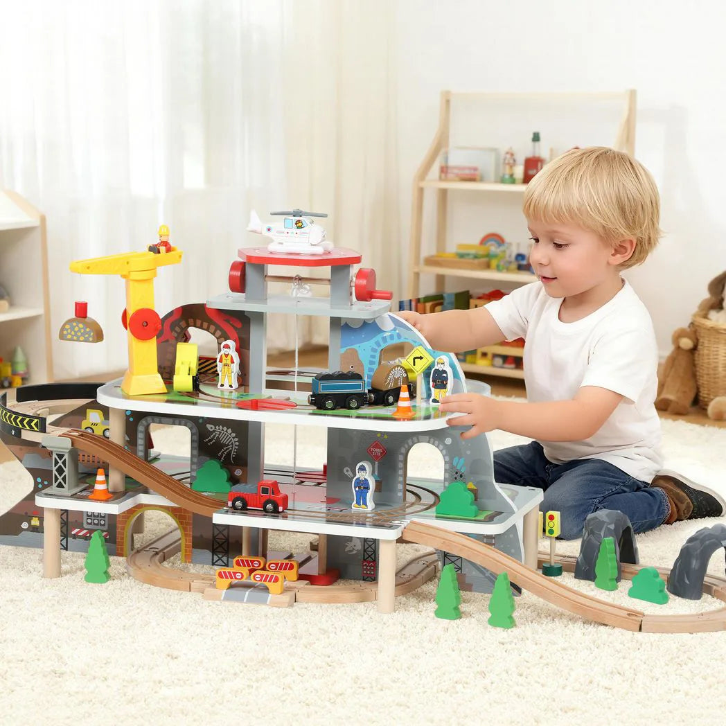 AIYAPLAY 79 Piece Wooden Train Set, Kids Train Track Mine Themed with Crane, Helicopter