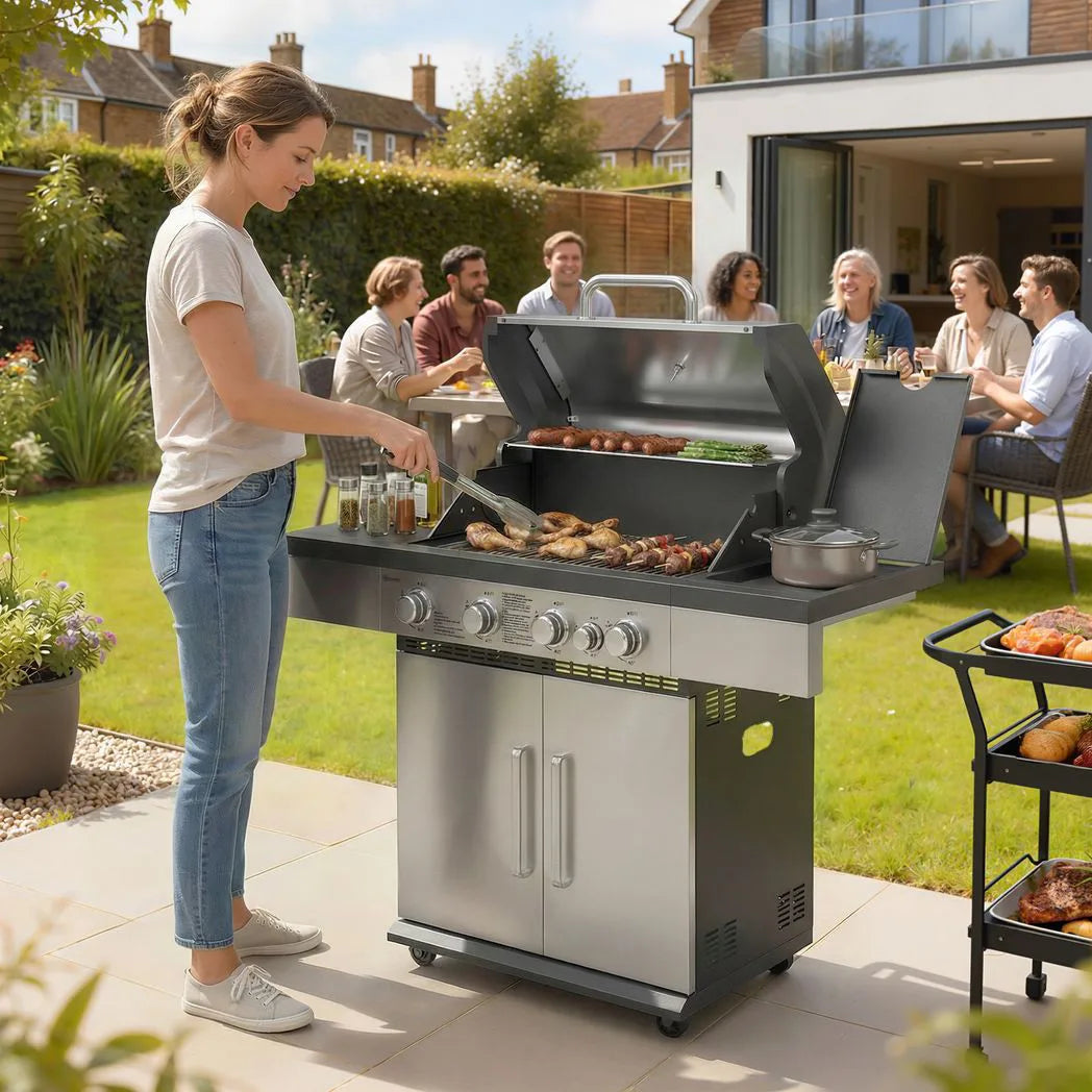 Outsunny 4 Burner Gas BBQ Grill, Portable Gas Barbecue Grill with Side Burner, Warming Rack, Side Shelf, Storage Cabinet