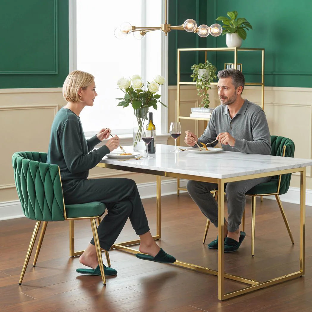HOMCOM Velvet-Feel Dining Chairs Set of 2, Modern Upholstered Armchair with Knot Design and Golden Metal Legs, Accent Chair for Dining Room, Bedroom, Kitchen, Living Room, Dark Green