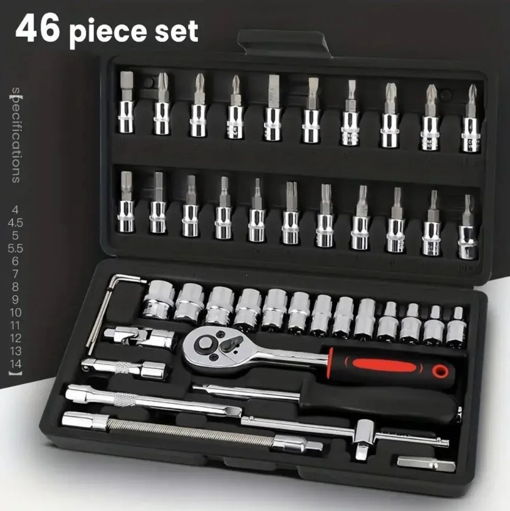 46Pcs Metric Socket 1/4" HSS Drive Ratchet Bit Set Wrench Torx Hex Tool Kit Case