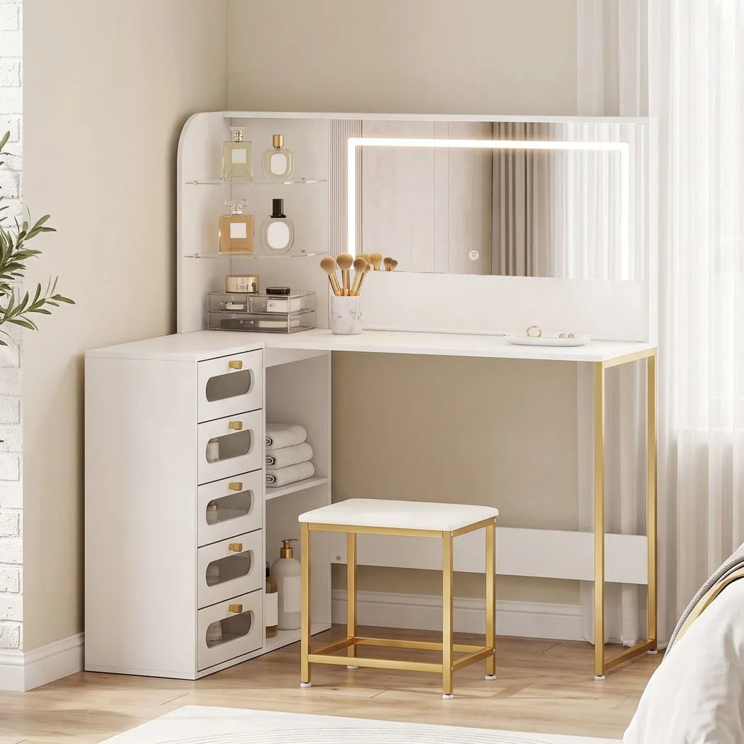 HOMCOM Dressing Table with LED Mirror and Stool, L-Shaped Vanity Desk with Drawers and Shelves, White