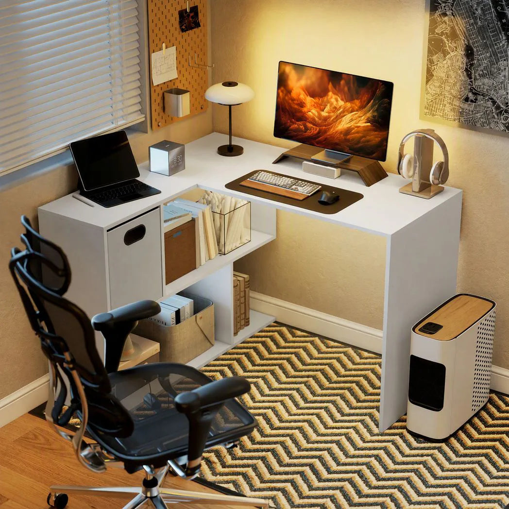 HOMCOM L Shaped Computer Desk, 110 x 100cm Reversible Corner Desk with Fabric Drawer and Storage Shelves, White