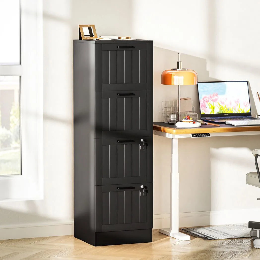 HOMCOM 4 Drawer Filing Cabinet with Lock, Office Storage Cabinet with Adjustable Hanging Bars for A4 Letter Size Files, Black