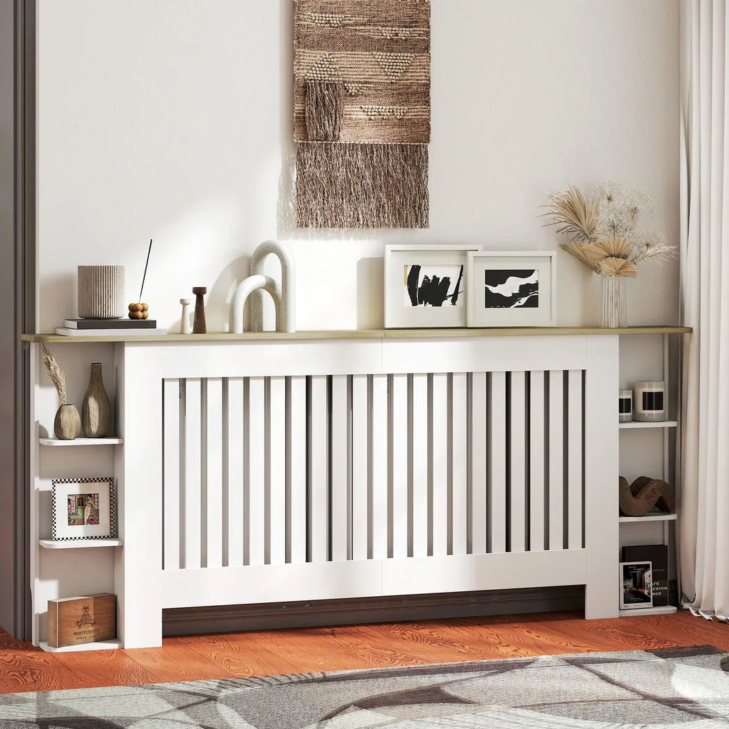 HOMCOM Radiator Cover with Open Storage Shelves, Vertical Slatted Cabinet Shelf Heater Cover for Living Room, Hallway, Extra Large, White