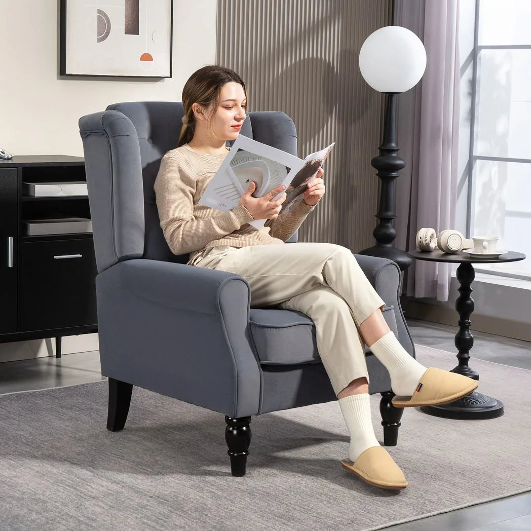 HOMCOM Wingback Accent Chair, Retro Upholstered Button Tufted Occasional Chair for Living Room and Bedroom, Grey