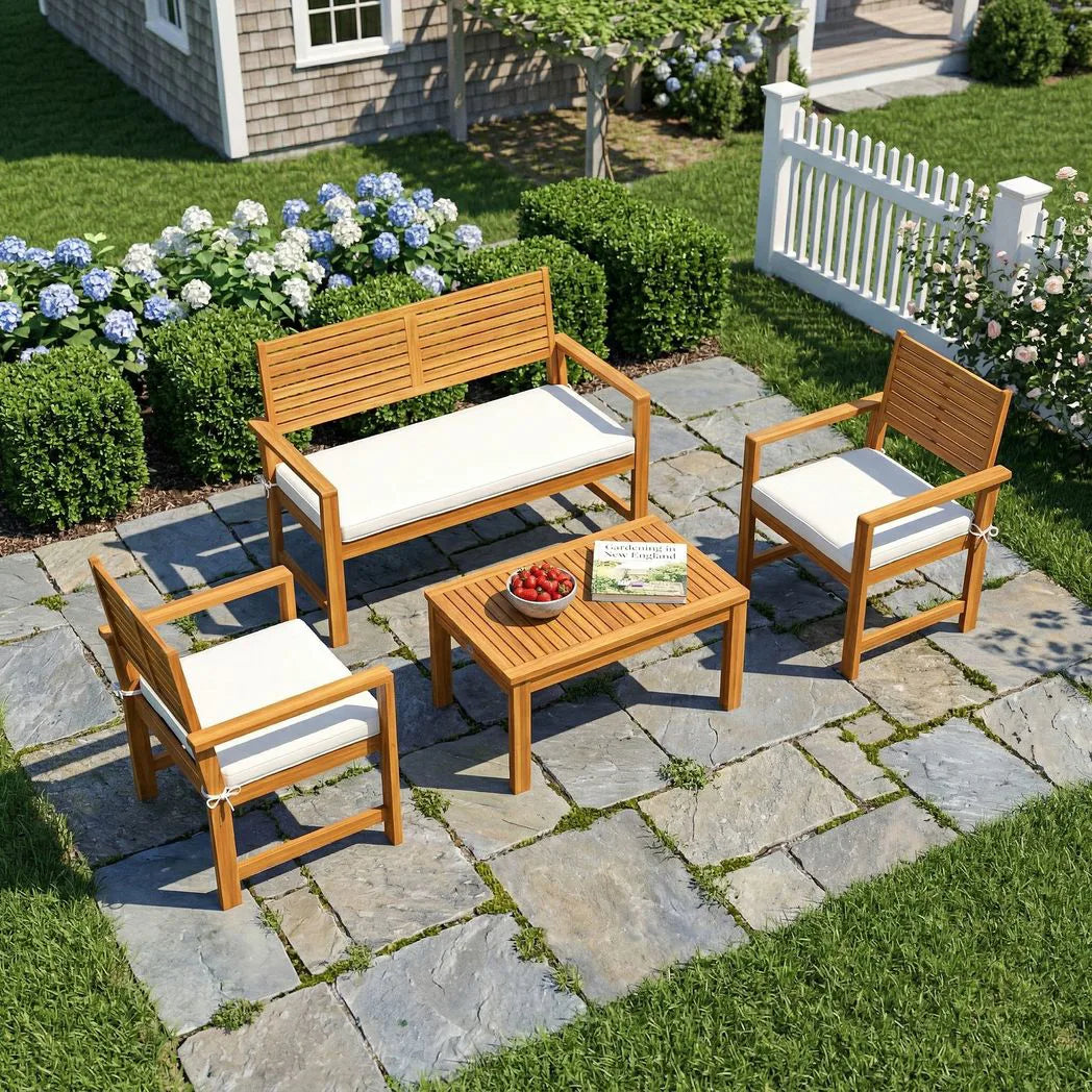 Outsunny 4 Seater Wooden Garden Furniture Set with Loveseat, Armchairs, Table, Acacia Wood Garden Sofa Set, Cream White
