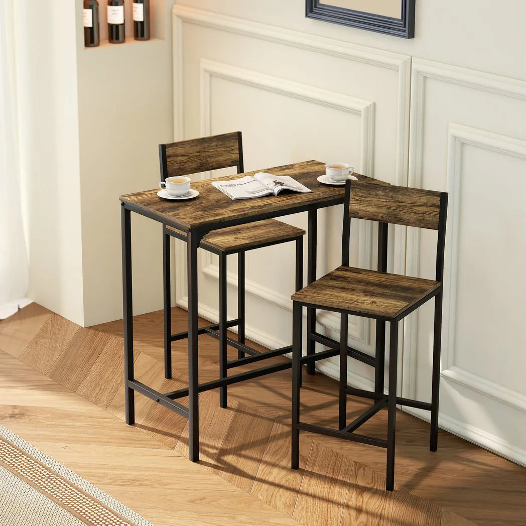 HOMCOM 3-Piece Bar Table Set with 2 Stools, Industrial Breakfast Bar Set with Footrest, Backrest for Dining Room, Small Space