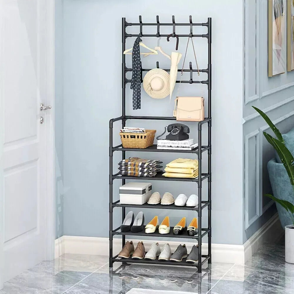 New Coat and Hat Stand 8 Hooks Metal Shoe Rack 5 Tiers Shelf Hanger Black
