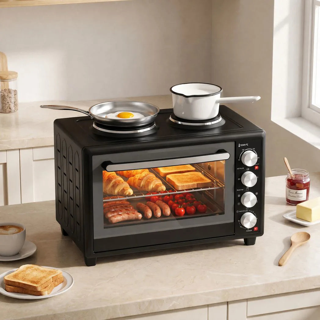 HOMCOM 36L Mini Oven with Dual Hot Plates, Electric Countertop Cooker with Convection, 90?230°C Adjustable Temperature