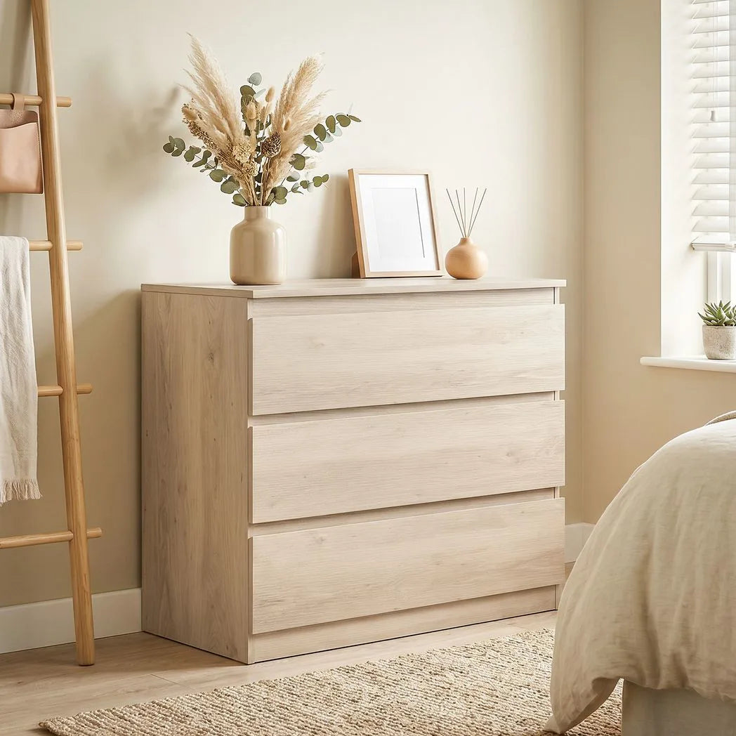 HOMCOM 3-Drawer Storage Organiser Unit, Chest of Drawers for Bedroom, Living Room, 80 x 39 x 73cm, Oak