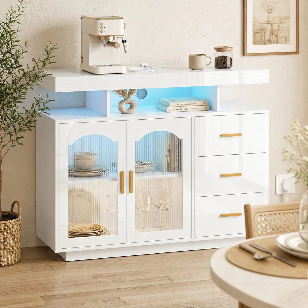 HOMCOM High Gloss Sideboard with LED Lights, Built-in Power Outlets, 3 Drawers, Shelves and 2 Acrylic Doors, White