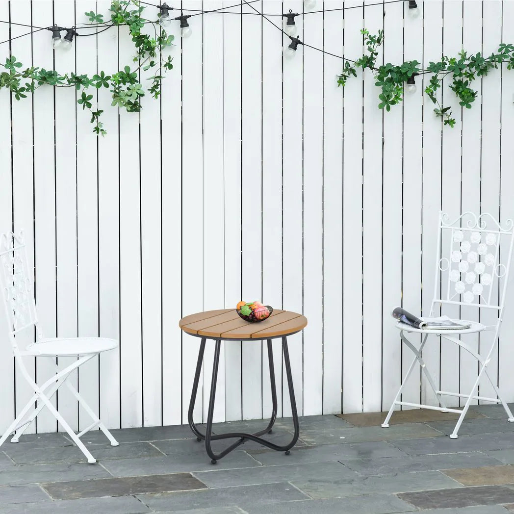 Outsunny Round Outdoor Side Table Adjustable Leg Pads Garden Table 49 x 49 x 48 cm Natural Wood & Black