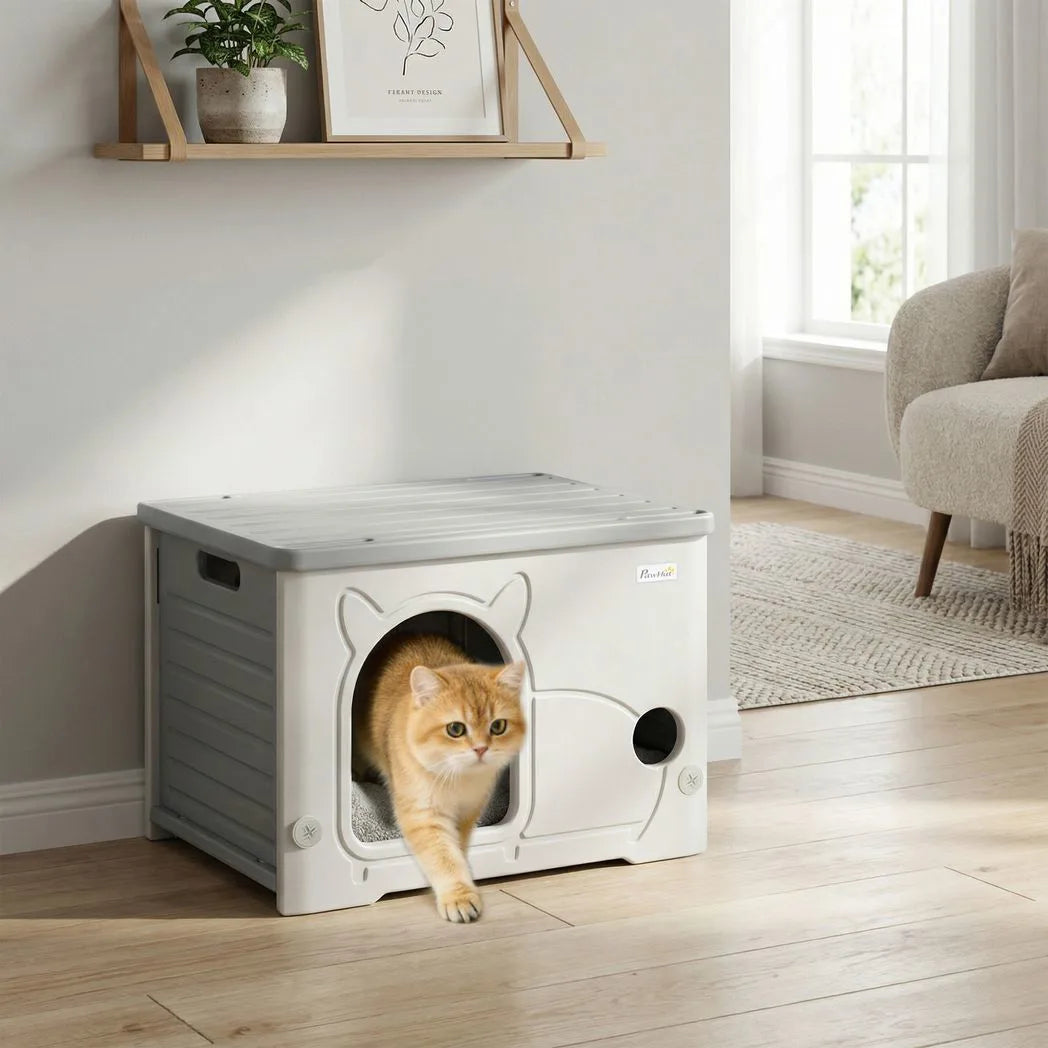 PawHut Cat House Stackable Pet Shelter with Removable Cushion for Indoor Outdoor Use Grey
