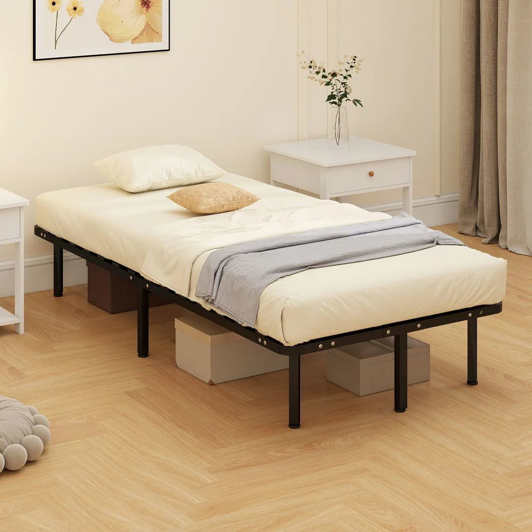 HOMCOM 3ft Single Bed Frame, Metal Platform Bed Frame with 2 x 14 Wood Slats, No Box Spring Needed, Underbed Storage, Black