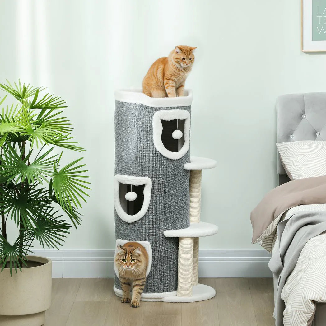PawHut 101 cm Cat Tree with Sisal Scratching Posts, 3 Barrel Condos, 3 Platforms, for Indoor Cats to Rest and Play