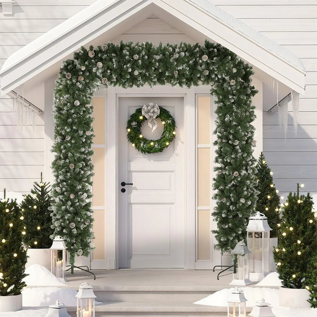 HOMCOM 8.2 ft Snow Frosted Christmas Tree Arch, Christmas Arch Doorway Decor with 2100 Tips and 96 Pinecones, Artificial Xmas Tree with Metal Stand for Indoor, Green