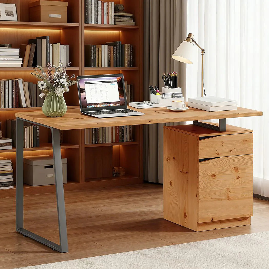 HOMCOM Computer Desk, Writing Desk with Cabinet, Drawer, Metal Legs, Work Table for Home Office Study, Natural Wood Finish
