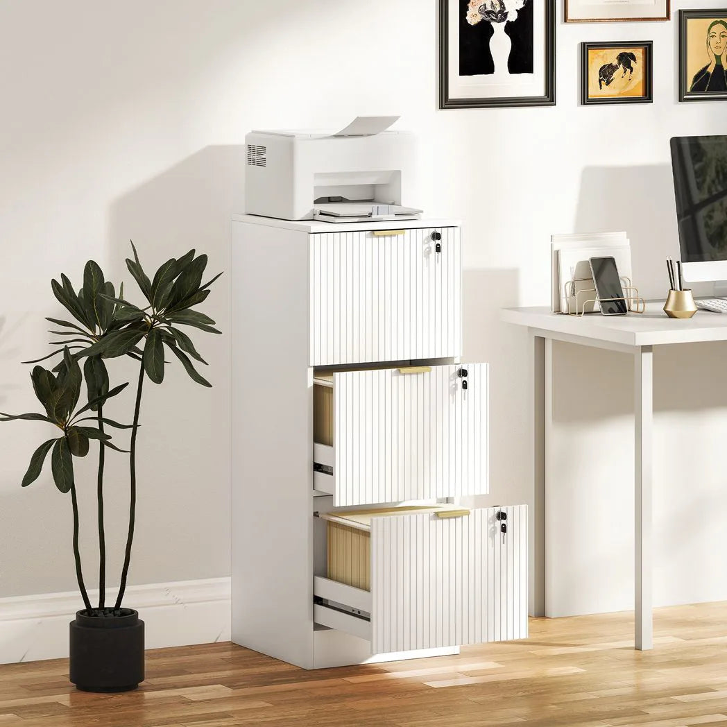 HOMCOM Filing Cabinet, Fluted Vertical File Cabinet with 3 Lockable Drawers and Hanging Rails, White