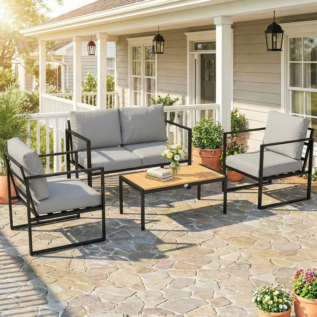 Outsunny Outdoor Garden Furniture Set, 4 Piece Patio Furniture with Slatted Table, Indoor Outdoor Balcony Patio Conservatory Set