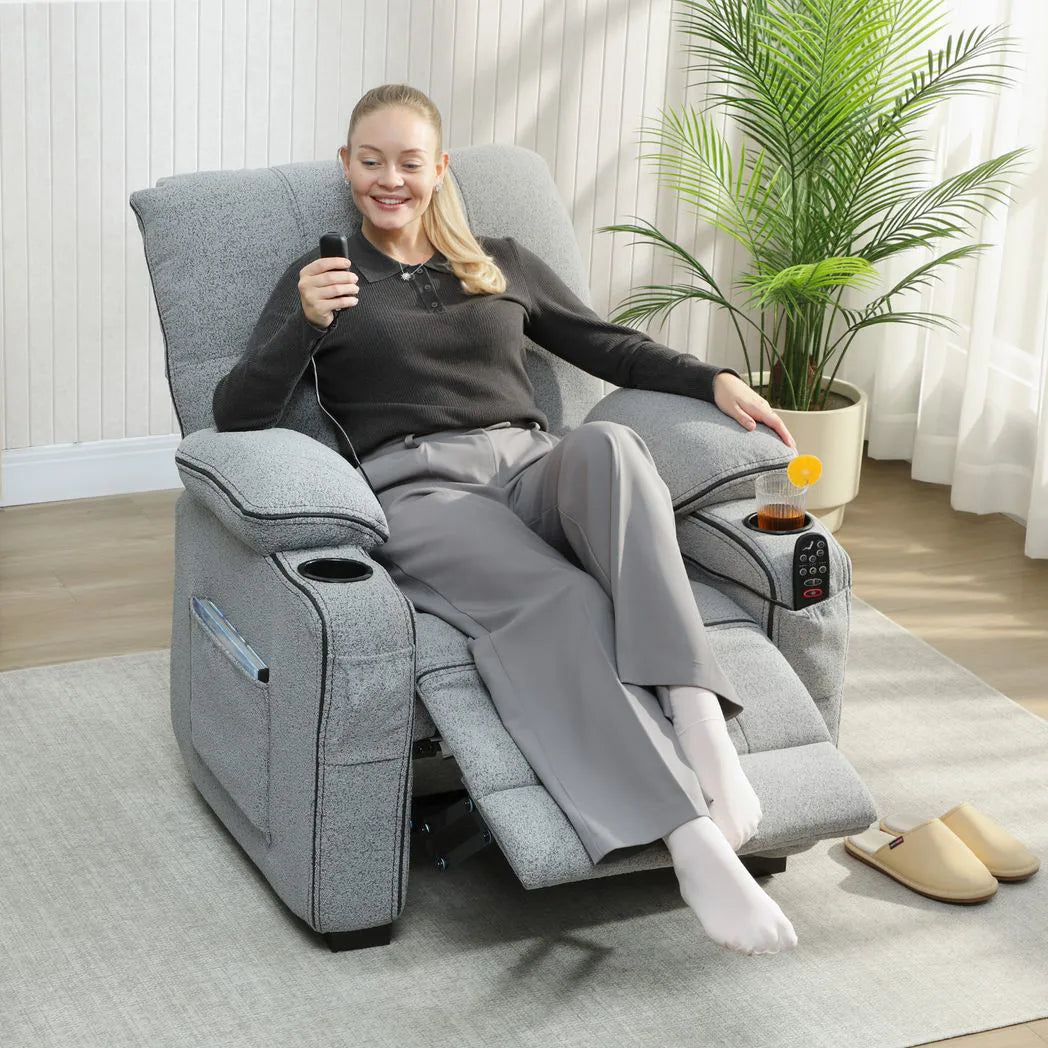 HOMCOM Electric Massage Recliner Armchair with Vibration, Heat, Whisper-Quiet Motor, Memory Function, Velvet Power Reclining Chair with Spring Pack, USB Port, Footrest, Side Pockets, Cup Holders, Grey