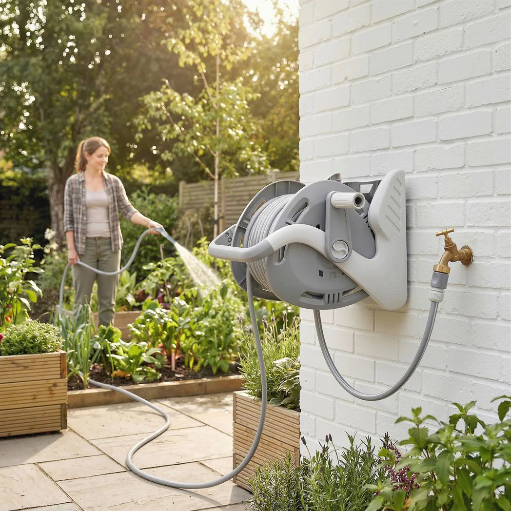 Outsunny Portable Garden Hose Reel, 20 m Wall Mounted Hose Reel with 2 Patterns Spray Nozzle and Crank Handle, Grey