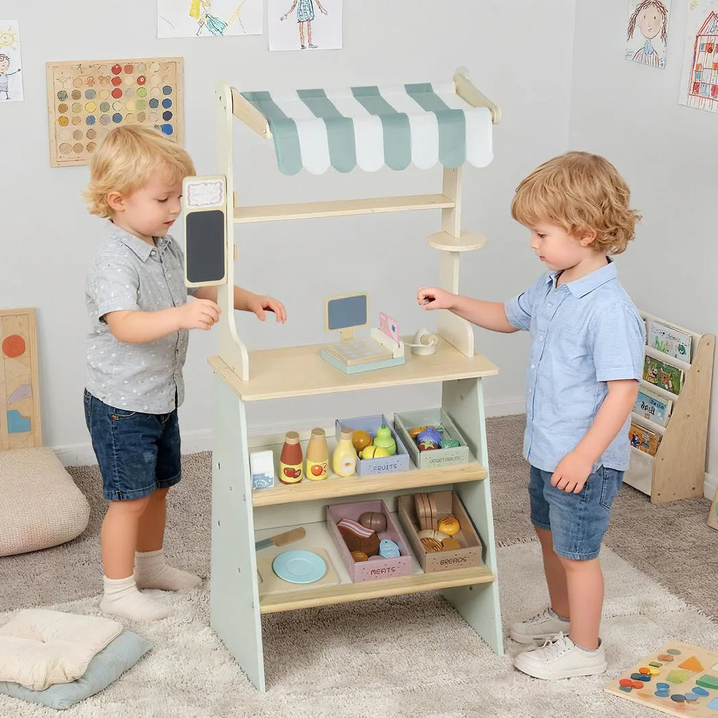 AIYAPLAY Wooden Toy Shop, Wooden Market Stall with Cash Register, Blackboard and Toy Food, 4 Storage Boxes, Ages 3, Green
