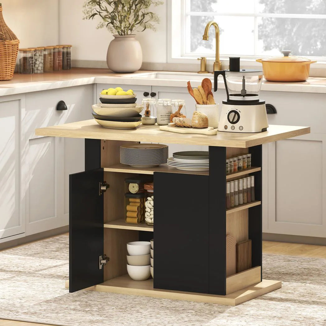 HOMCOM Kitchen Island with Spice Rack, Kitchen Storage with Large Tabletop for 4 People, Adjustable Shelves Black & Natural