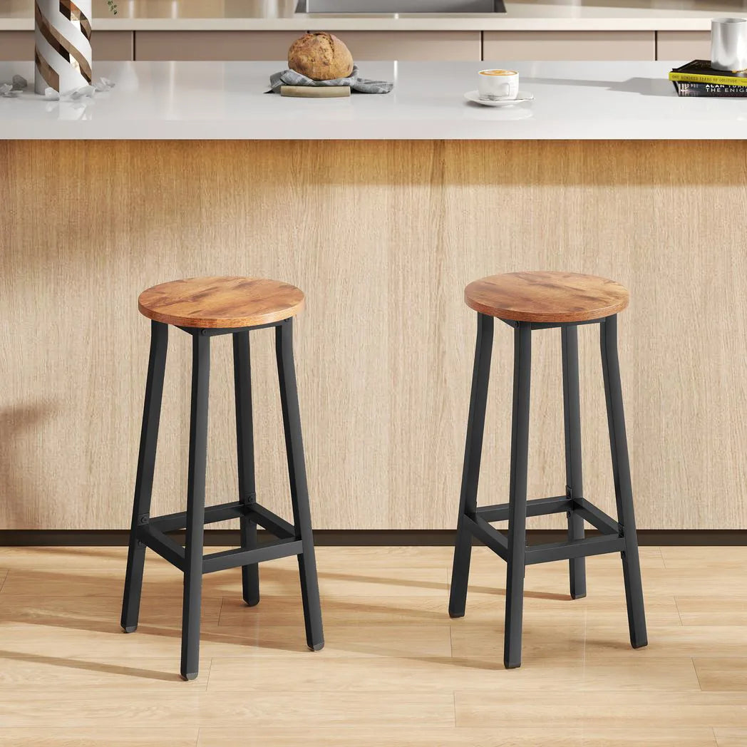 HOMCOM Bar Stools Set of 2 Breakfast Bar Stools with Footrest, Industrial Round, 32 x 32 x 65 cm, Rustic Brown